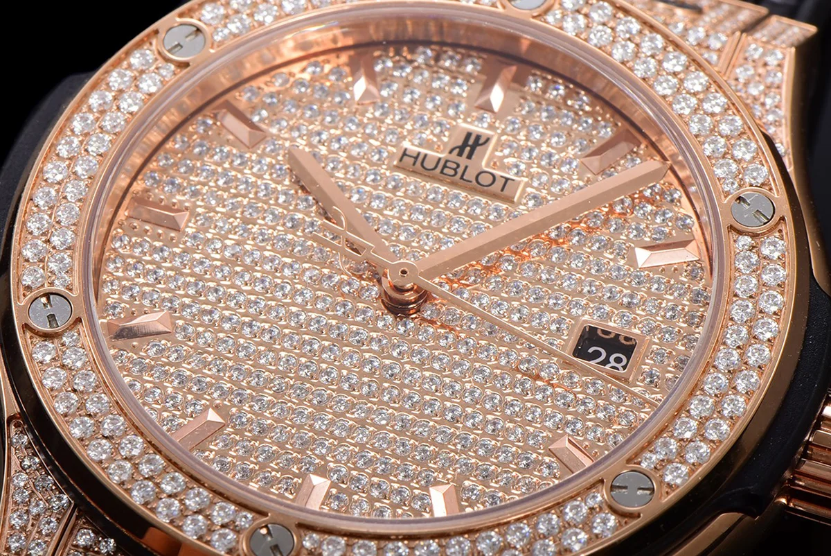 Classic Fusion Automatic 42mm Diamond Paved Dial in Rose Gold on Black Leather Strap