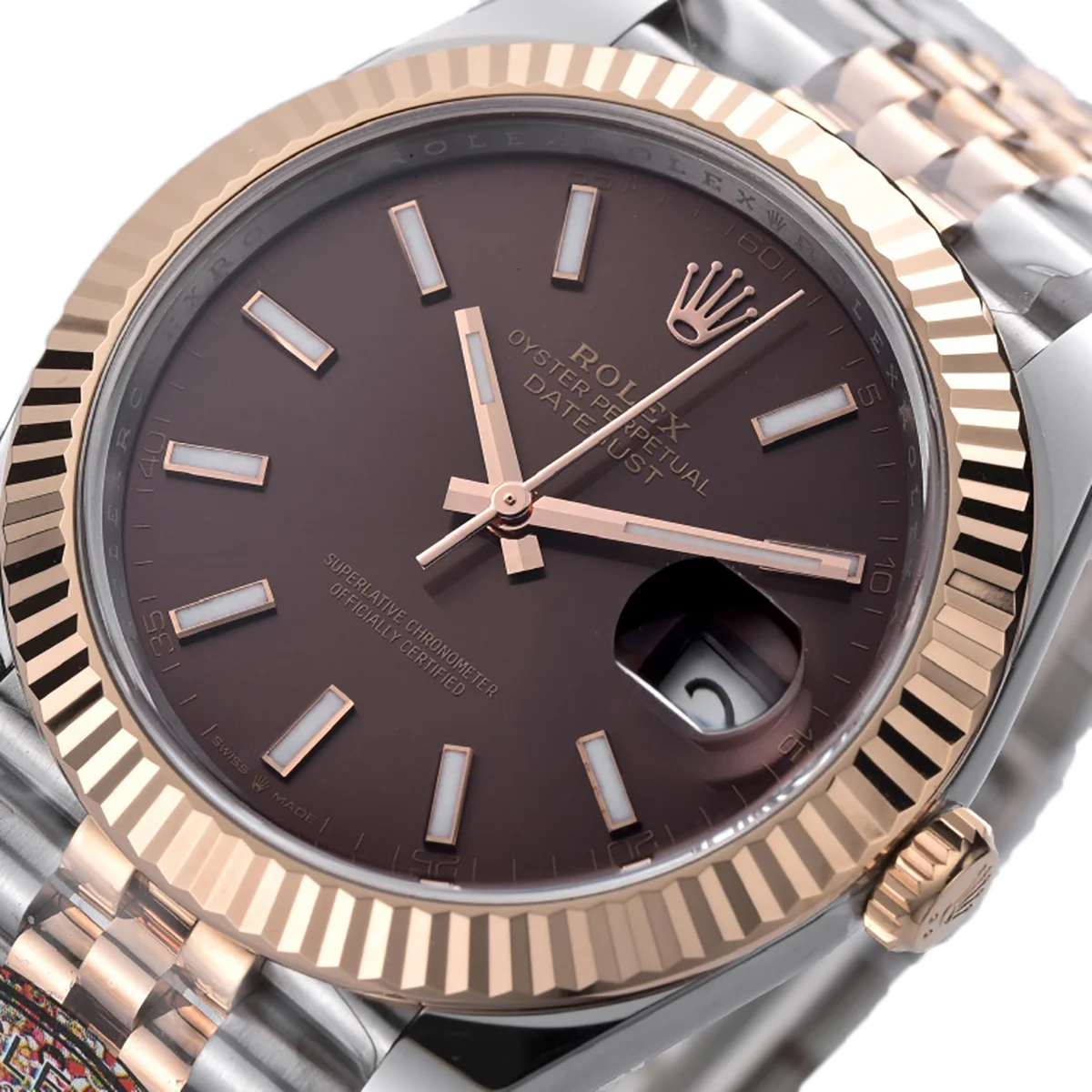 Datejust 41 126331 Chocolate Dial Stick Markers in EveroseSteel on Jubilee Bracelet