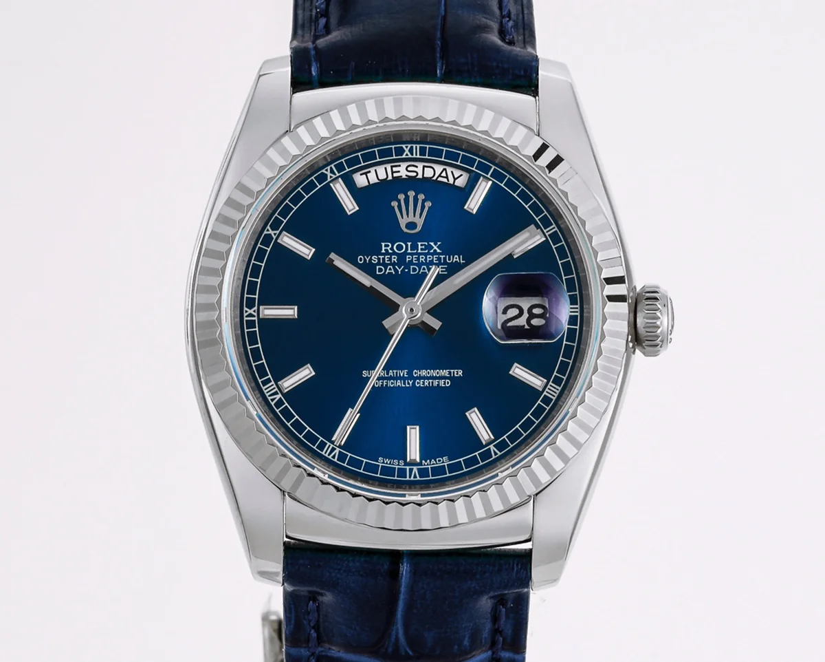 Day-Date 36 Blue Dial in White Gold on Leather Strap