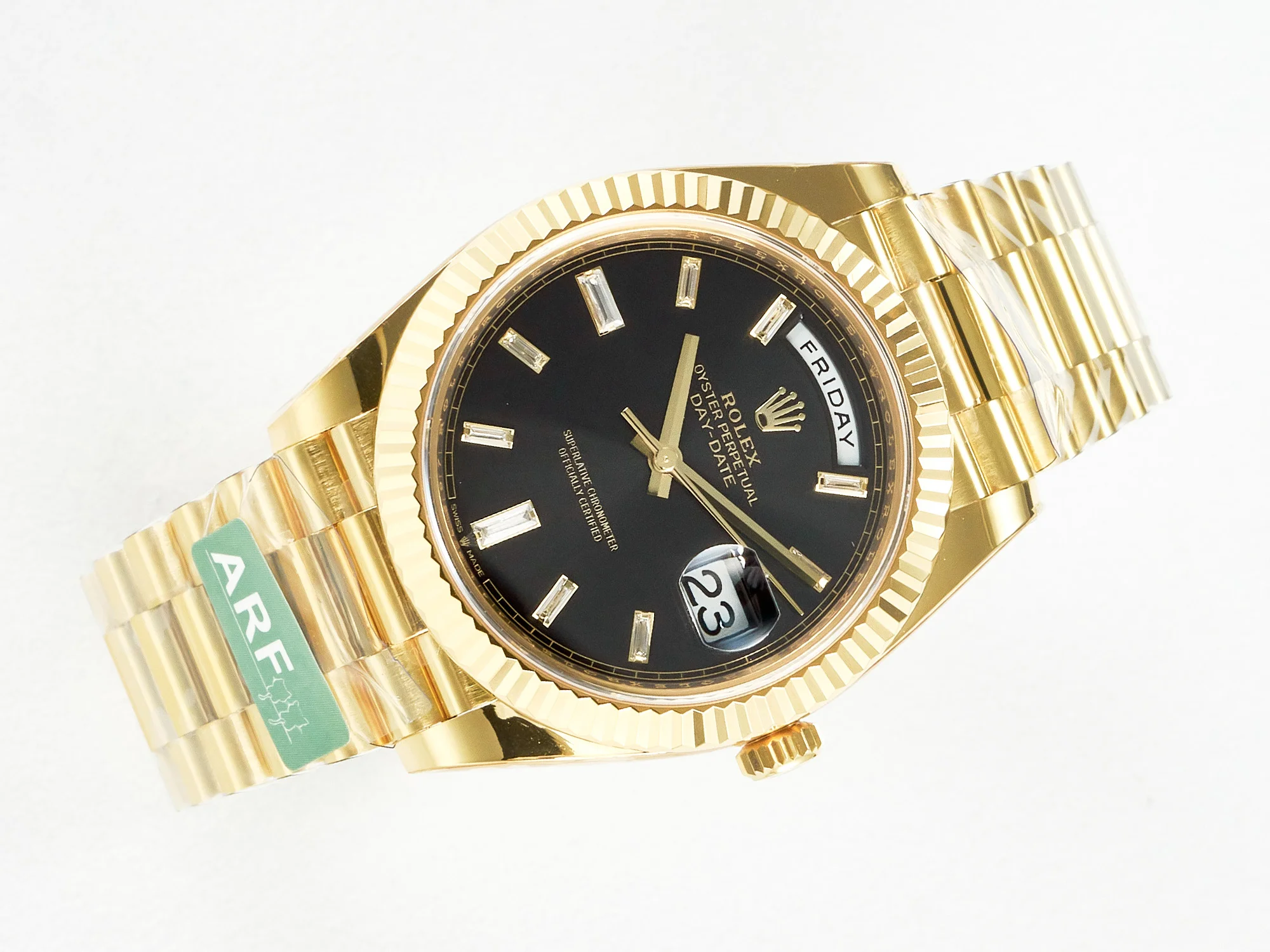 Day Date 40 228238 ARF 904L Steel Black Crystal Diamonds Bezel on President Bracelet VR3255