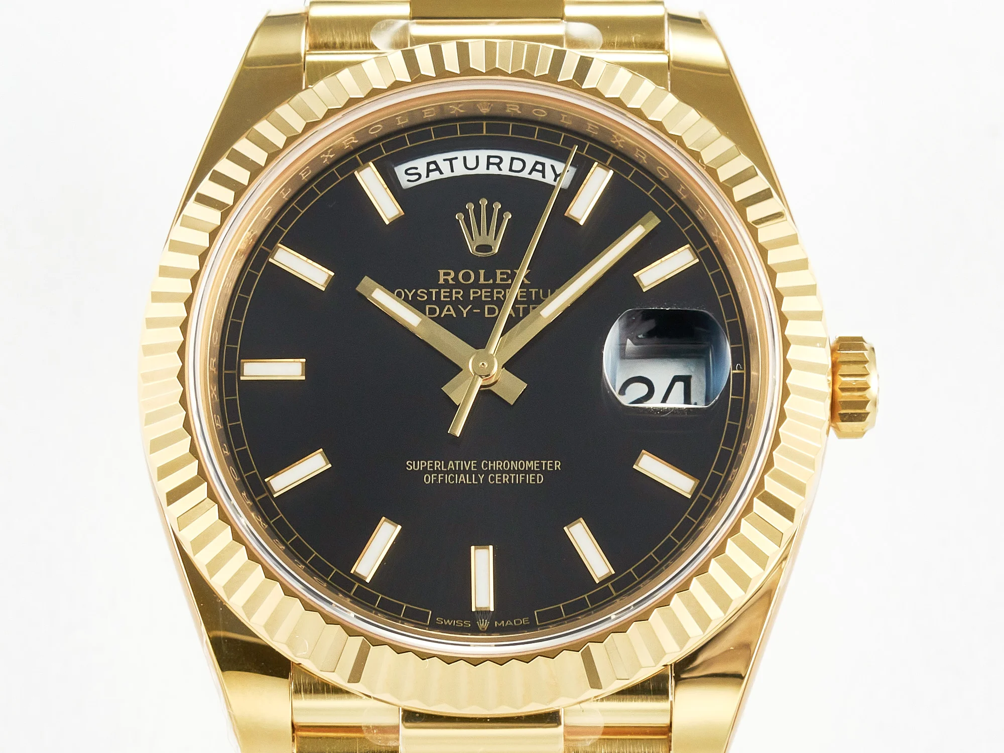 Day Date 40 228238 ARF 904L Steel Black Stick Dial on President Bracelet VR3255