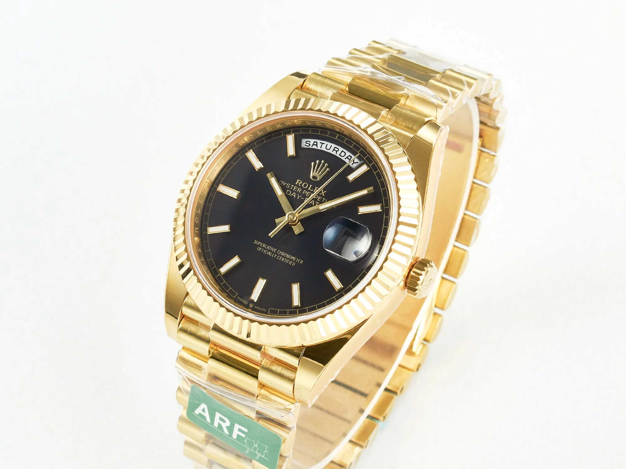 Day Date 40 228238 ARF 904L Steel Black Stick Dial on President Bracelet VR3255