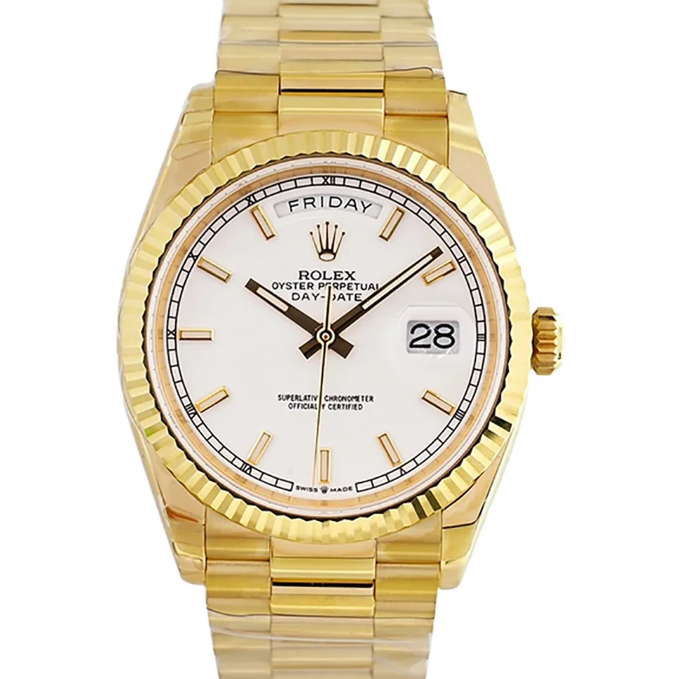 Daydate 36 128238 White Dial with Sticker in Yellow Gold