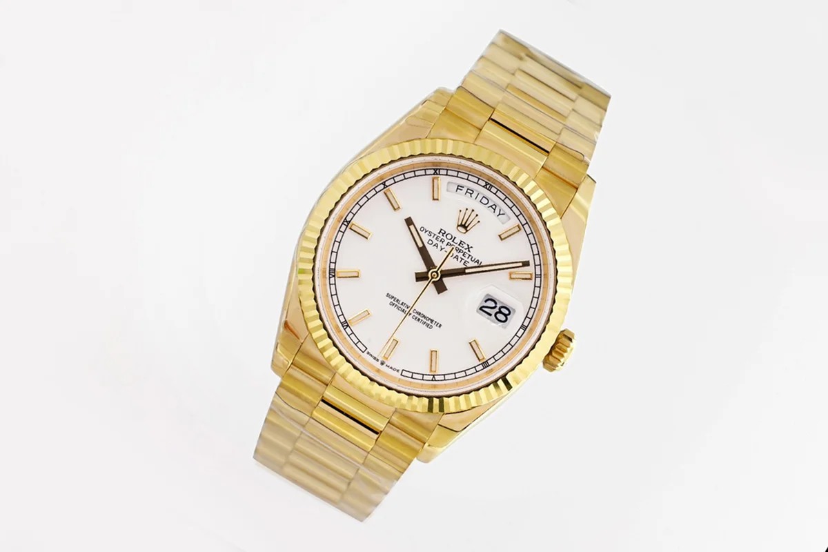 Daydate 36 128238 White Dial with Sticker in Yellow Gold