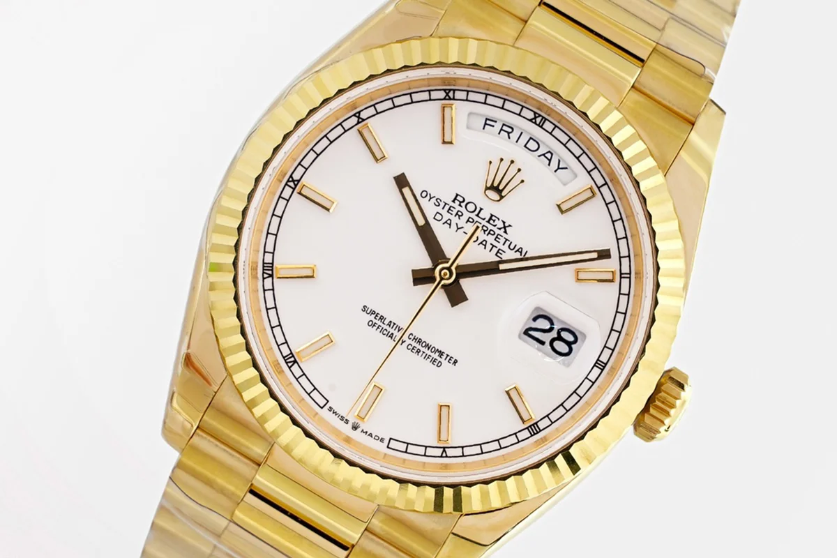 Daydate 36 128238 White Dial with Sticker in Yellow Gold