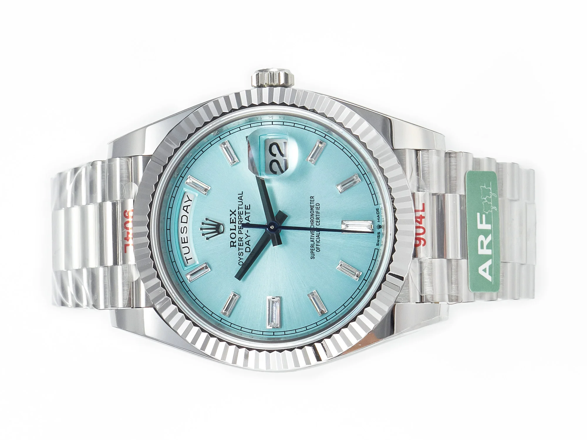 DayDate 40 228236 ARF 904L Steel Tiffany Blue Crystal Diamonds Bezel on President Bracelet VR3255