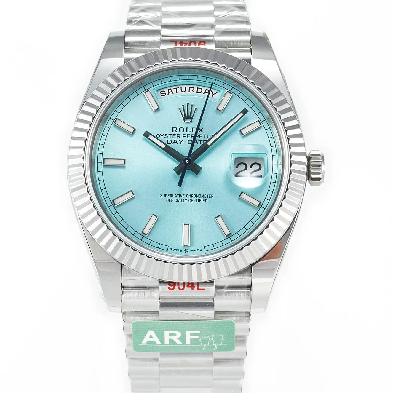 DayDate 40 228236 ARF 904L Steel Tiffany Blue Stick Dial on President Bracelet VR3255