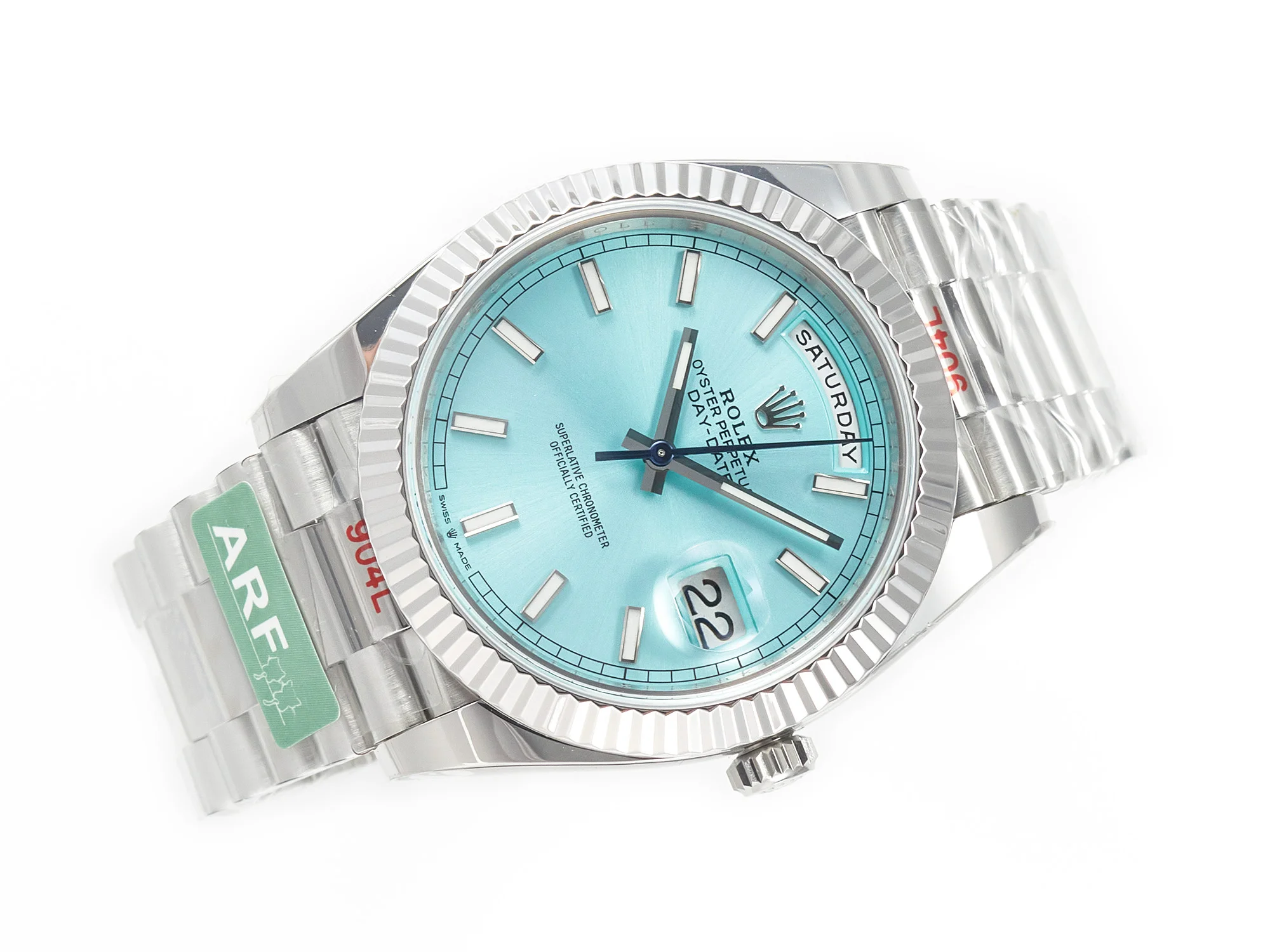 DayDate 40 228236 ARF 904L Steel Tiffany Blue Stick Dial on President Bracelet VR3255