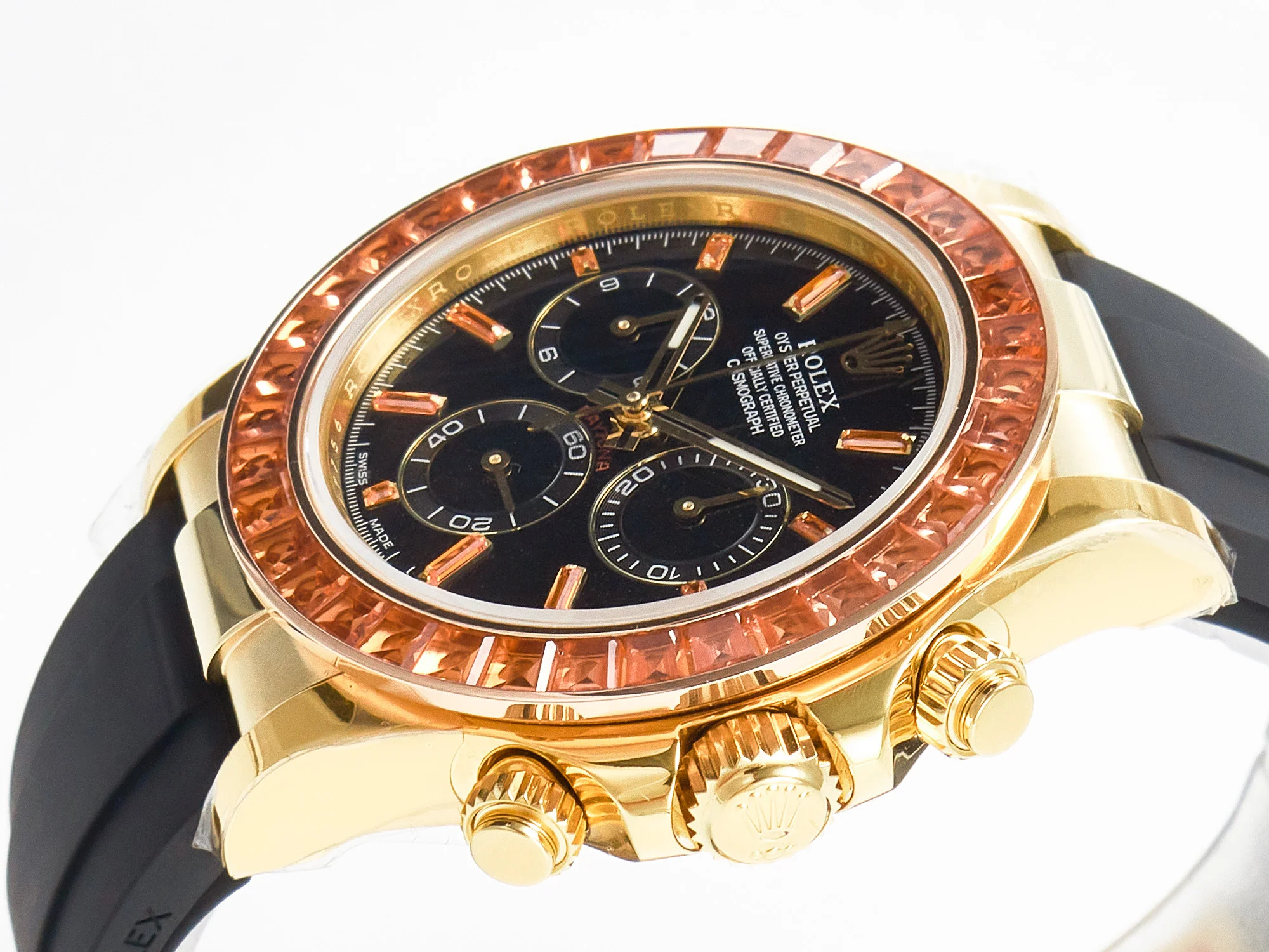 Daytona 116518 YG Orange Crystal Bezel N6F Best Edition Black Dial on Oysterflex Strap SA4130