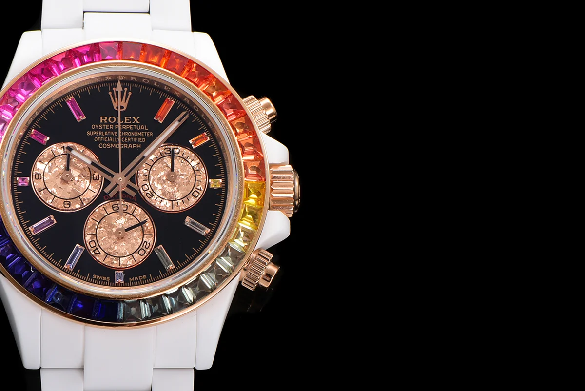 Daytona Black Dial with Rainbow Bezel in White Ceramic
