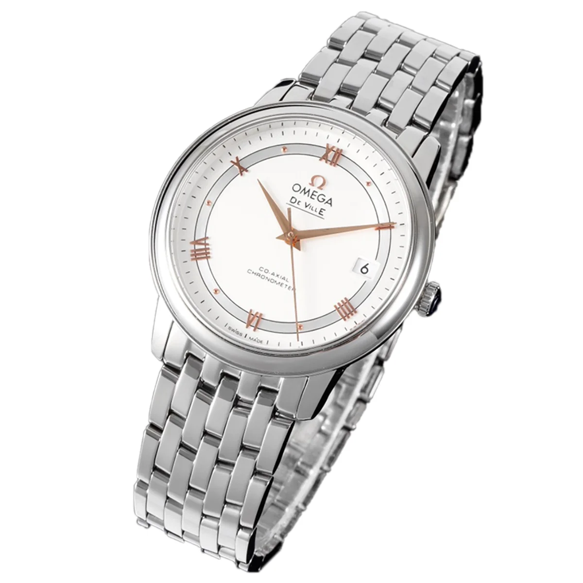 De Ville Co-Axial Chronometer 36.8mm White Dial with Rose Gold Markers in Steel on Bracelet