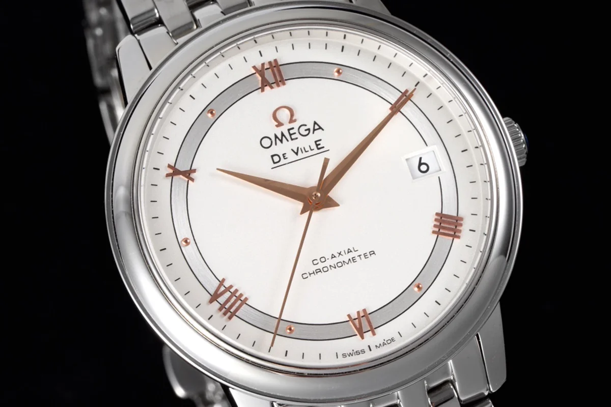 De Ville Co-Axial Chronometer 36.8mm White Dial with Rose Gold Markers in Steel on Bracelet