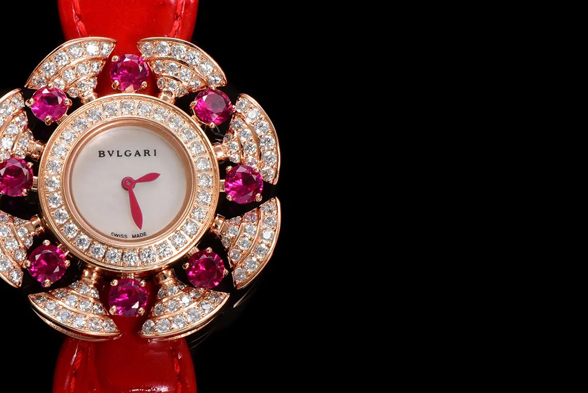 Diva’s Dream Jewellery Watch Diamond Paved Dial in Rose Gold on Green Leather Strap