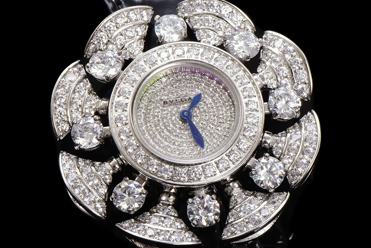 Diva’s Dream Jewellery Watch Diamond Paved Dial in White Dial on Black Leather Strap