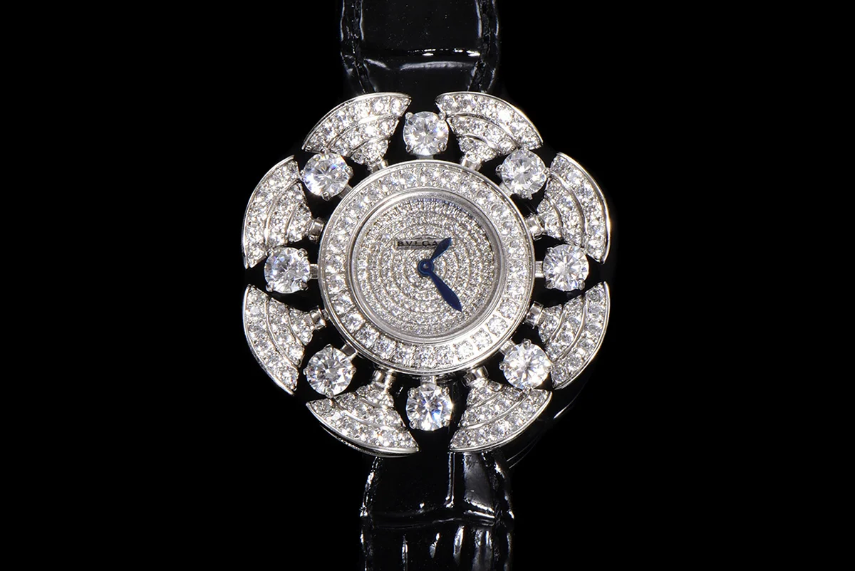 Diva’s Dream Jewellery Watch Diamond Paved Dial in White Dial on Black Leather Strap