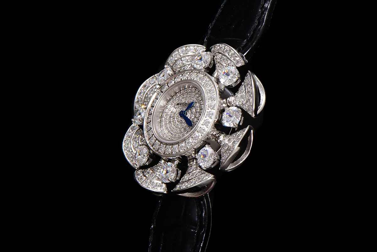 Diva’s Dream Jewellery Watch Diamond Paved Dial in White Dial on Black Leather Strap