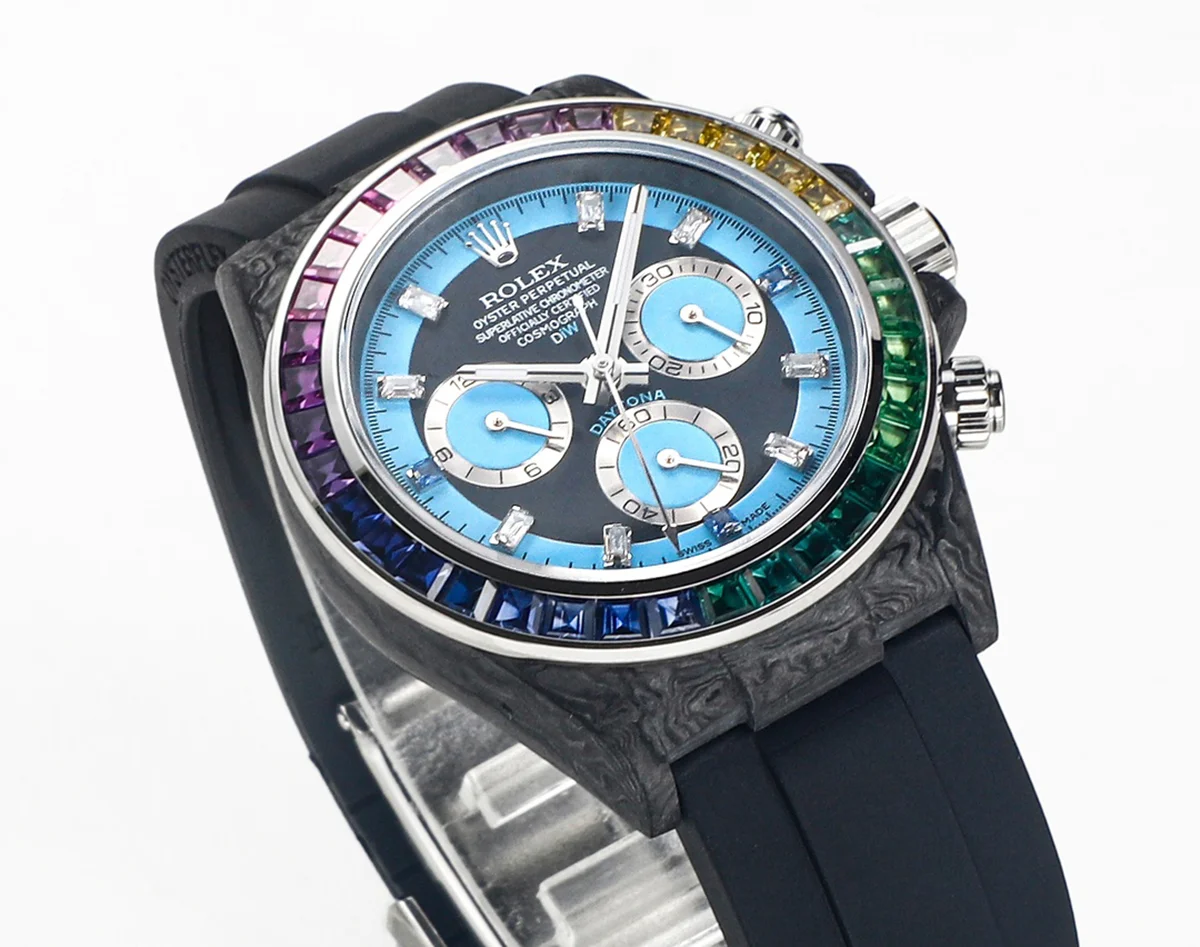 DIW Daytona Rainbow Blue Carbon in Black Rubber Strap