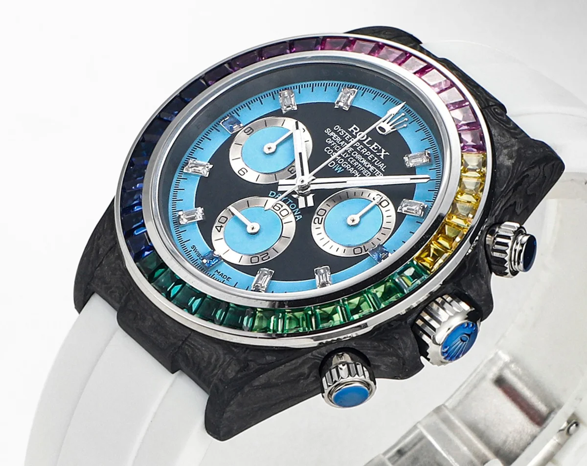 DIW Daytona Rainbow Blue Carbon in White Rubber Strap