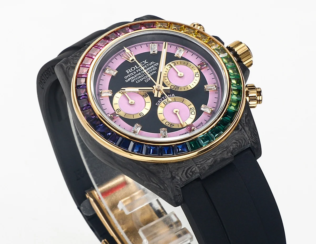 DIW Daytona Rainbow Pink Carbon in Black Rubber Strap