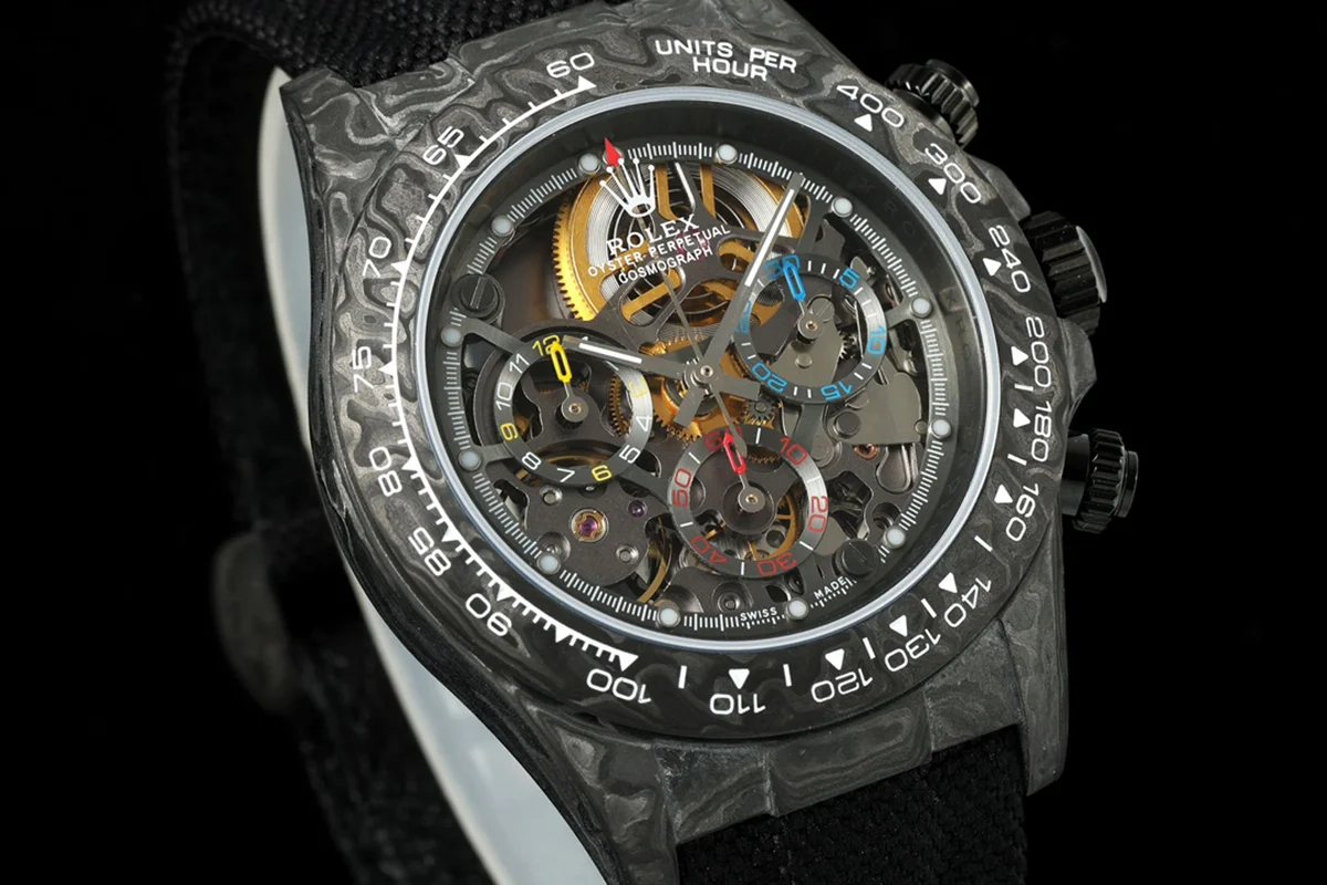 DIW Daytona Skeleton Dial in Carbon on Black Nylon Strap