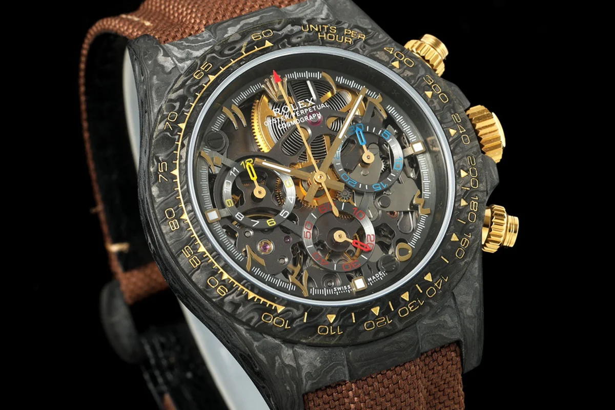DIW Daytona Skeleton Dial in Carbon on Brown Nylon Strap