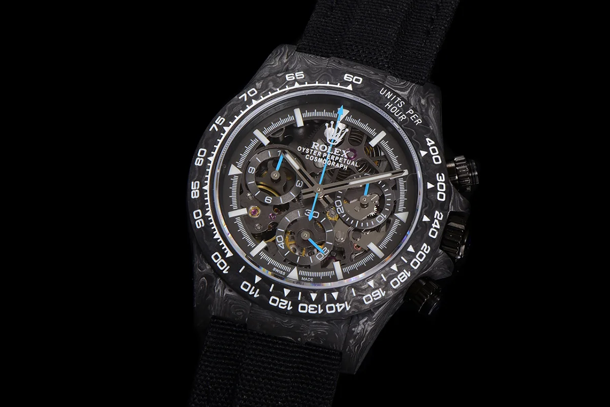 DIW Daytona Skeleton Dial in Carbon with Blue Hands on Black Nylon Strap