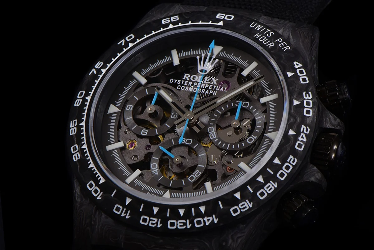 DIW Daytona Skeleton Dial in Carbon with Blue Hands on Black Nylon Strap