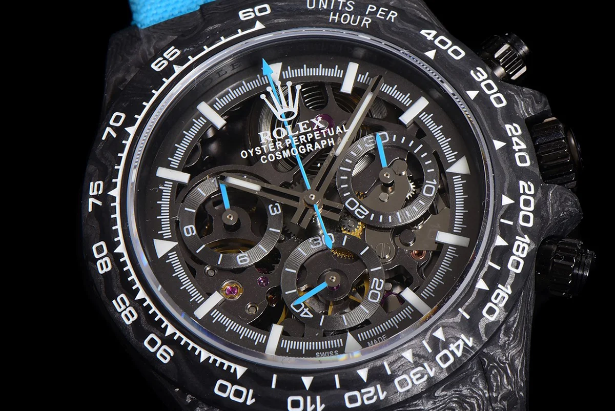 DIW Daytona Skeleton Dial in Carbon with Blue Hands on Blue Nylon Strap