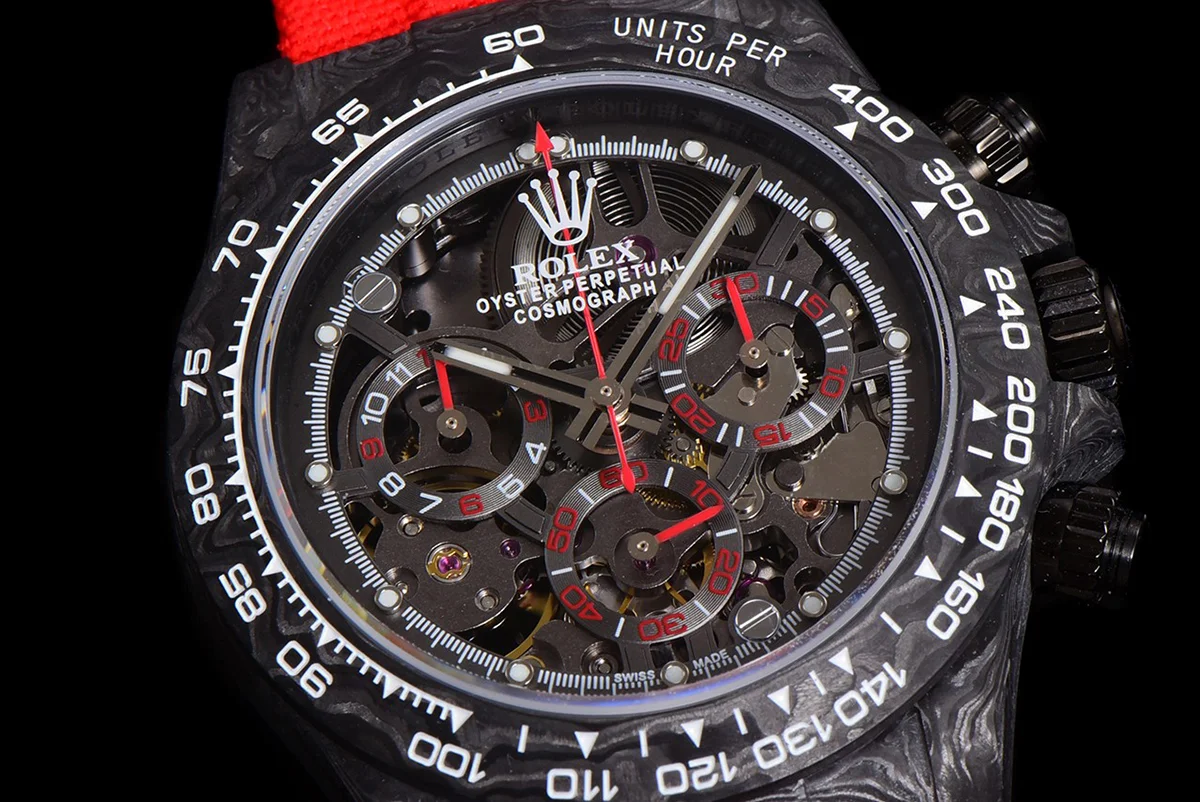 DIW Daytona Skeleton Dial in Carbon with Red Hands on Red Nylon Strap