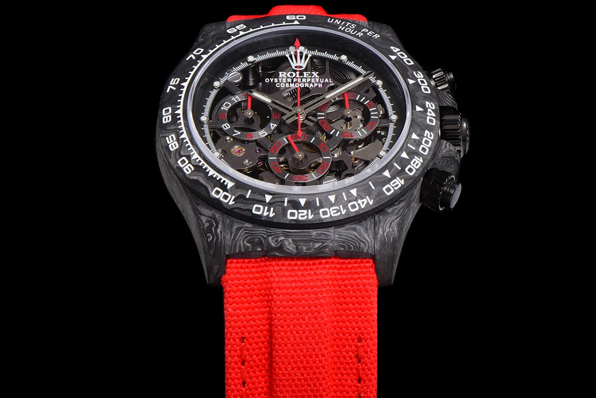DIW Daytona Skeleton Dial in Carbon with Red Hands on Red Nylon Strap