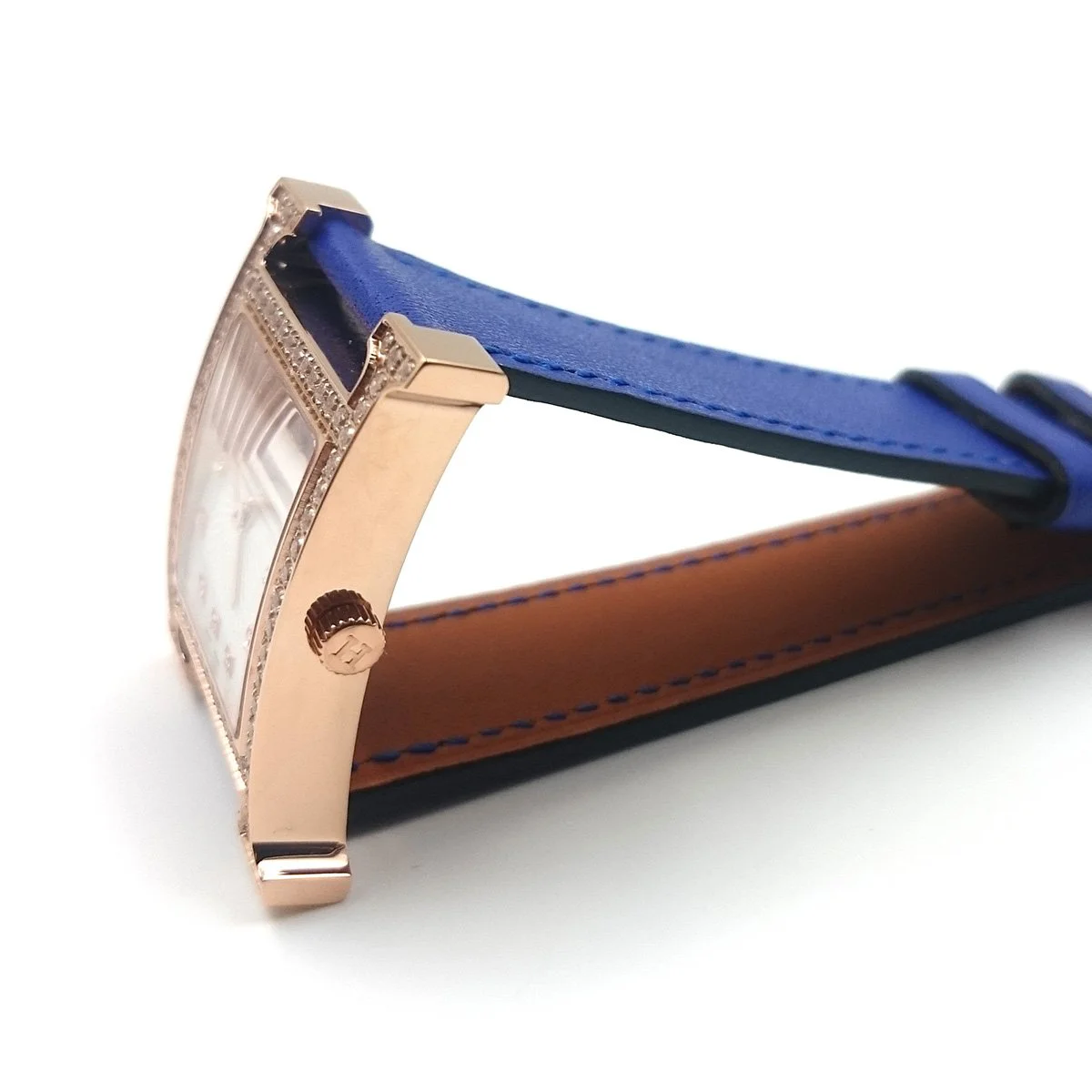 Heure H Rose Gold with Diamond Bezel and Markers on Blue Epsom Leather Strap