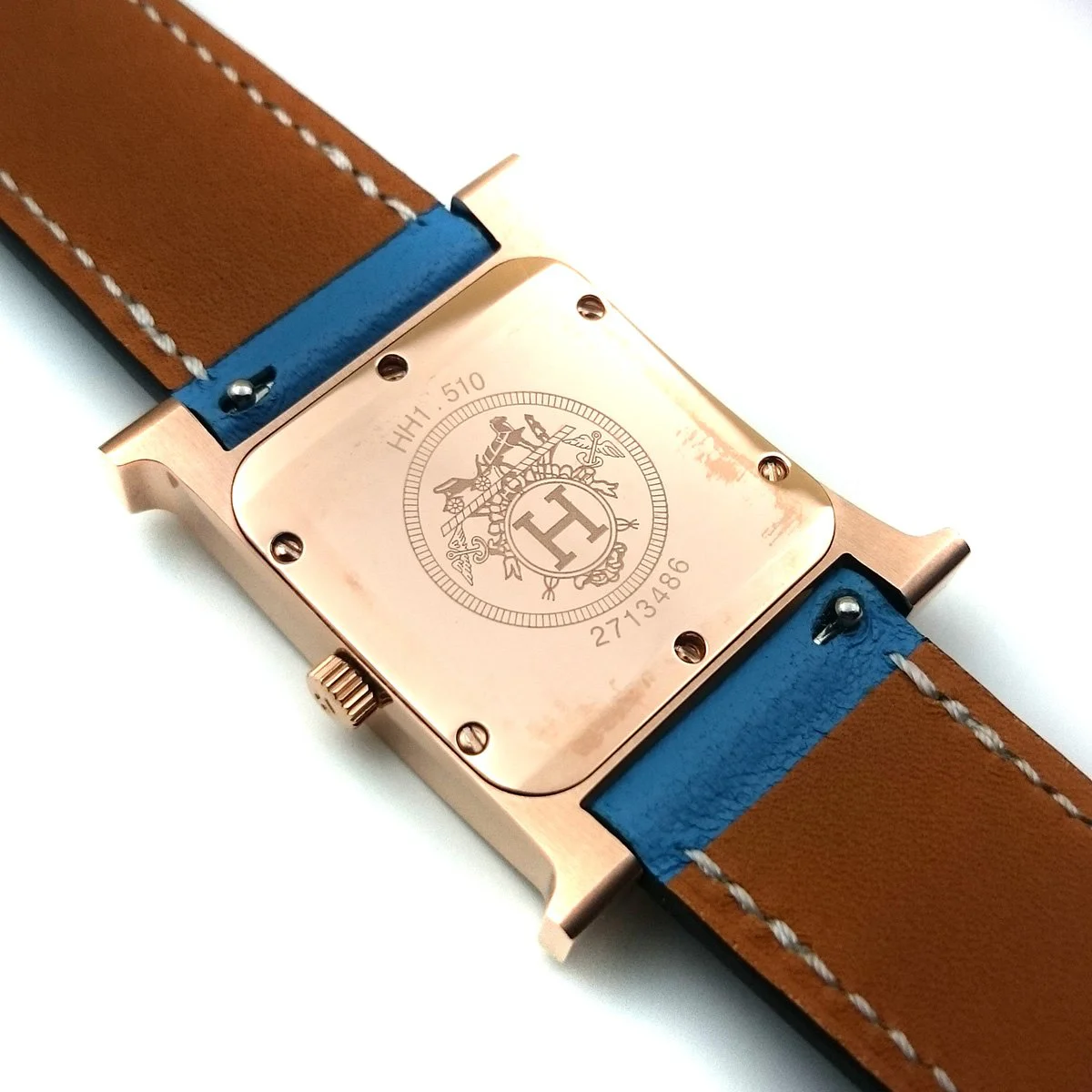 Heure H Rose Gold with Diamond Bezel and Markers on Light Blue Epsom Leather Strap