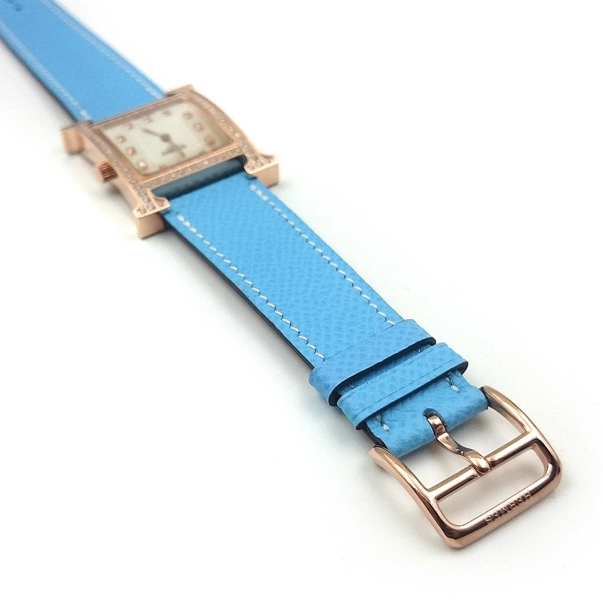 Heure H Rose Gold with Diamond Bezel and Markers on Light Blue Epsom Leather Strap