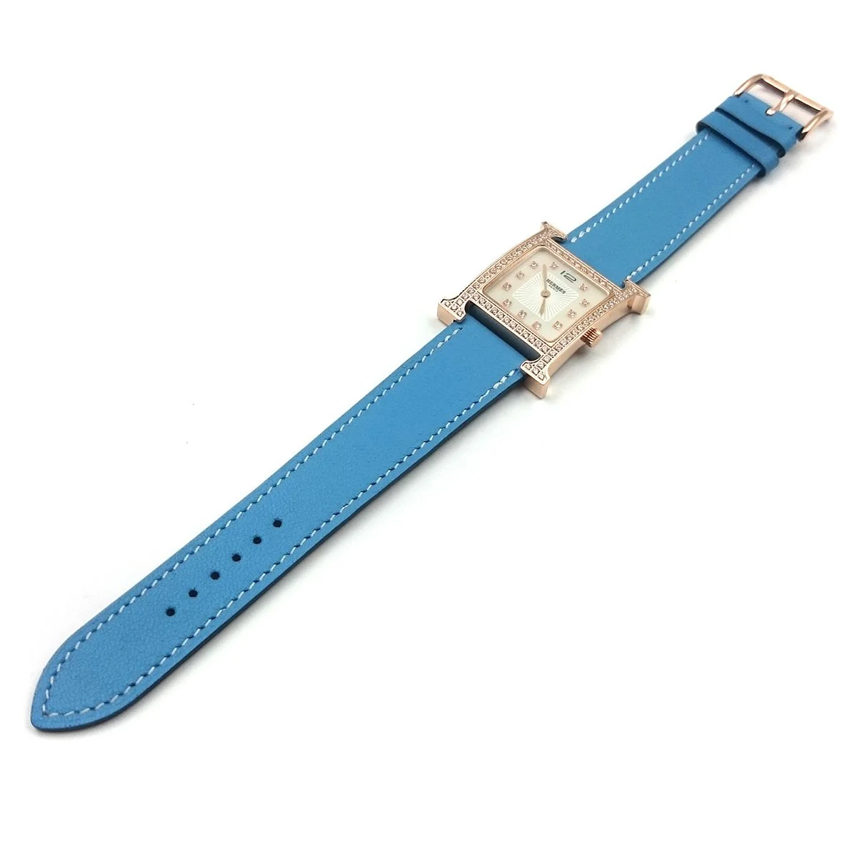 Heure H Rose Gold with Diamond Bezel and Markers on Light Blue Fjord Leather Strap