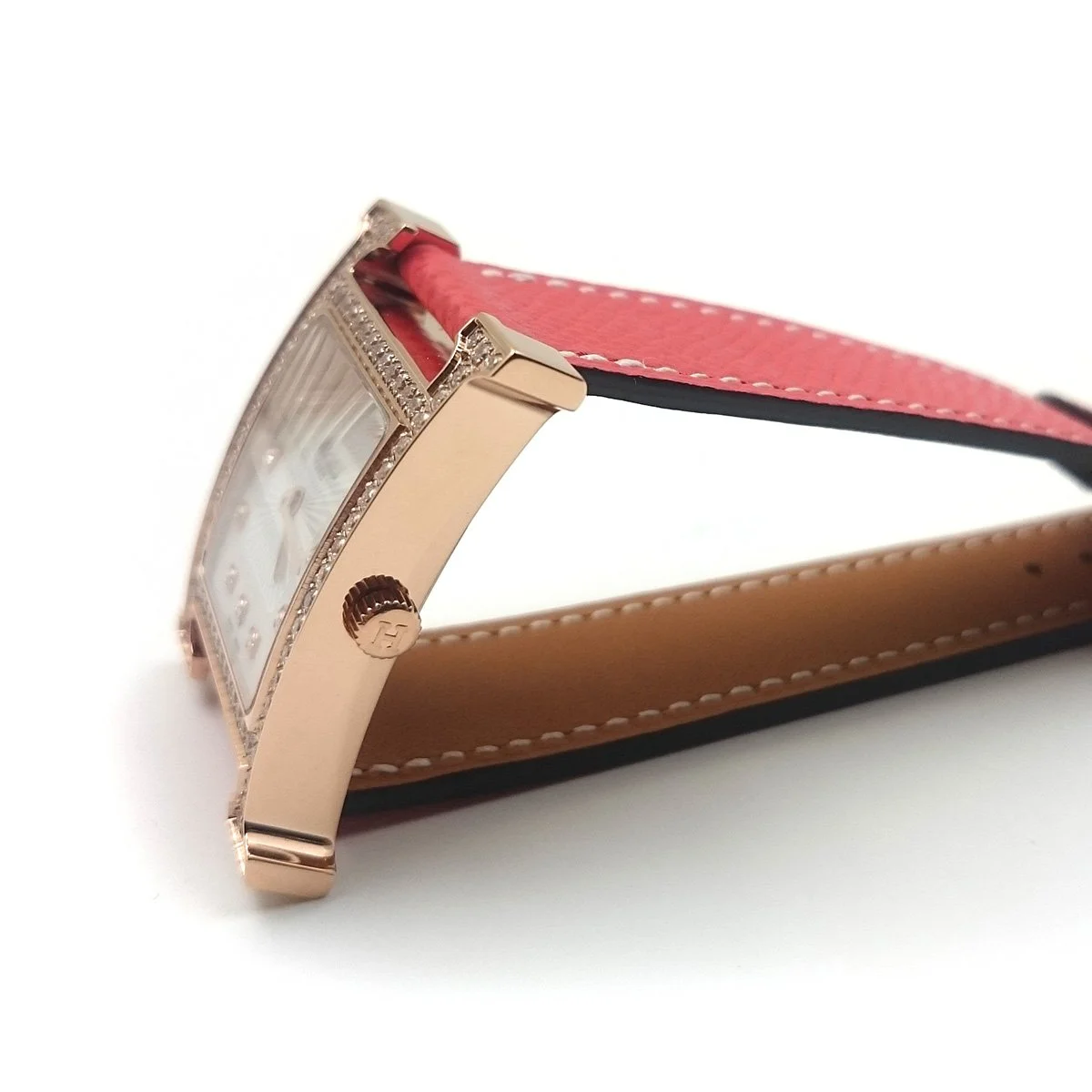 Heure H Rose Gold with Diamond Bezel and Markers on Vermilion Epsom Leather Strap
