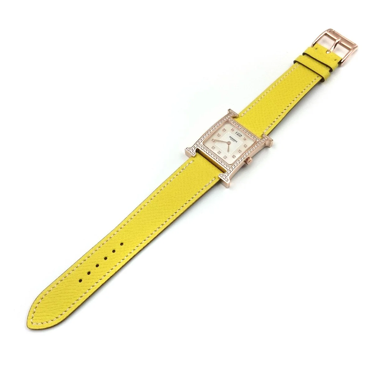 Heure H Rose Gold with Diamond Bezel and Markers on Yellow Epsom Leather Strap