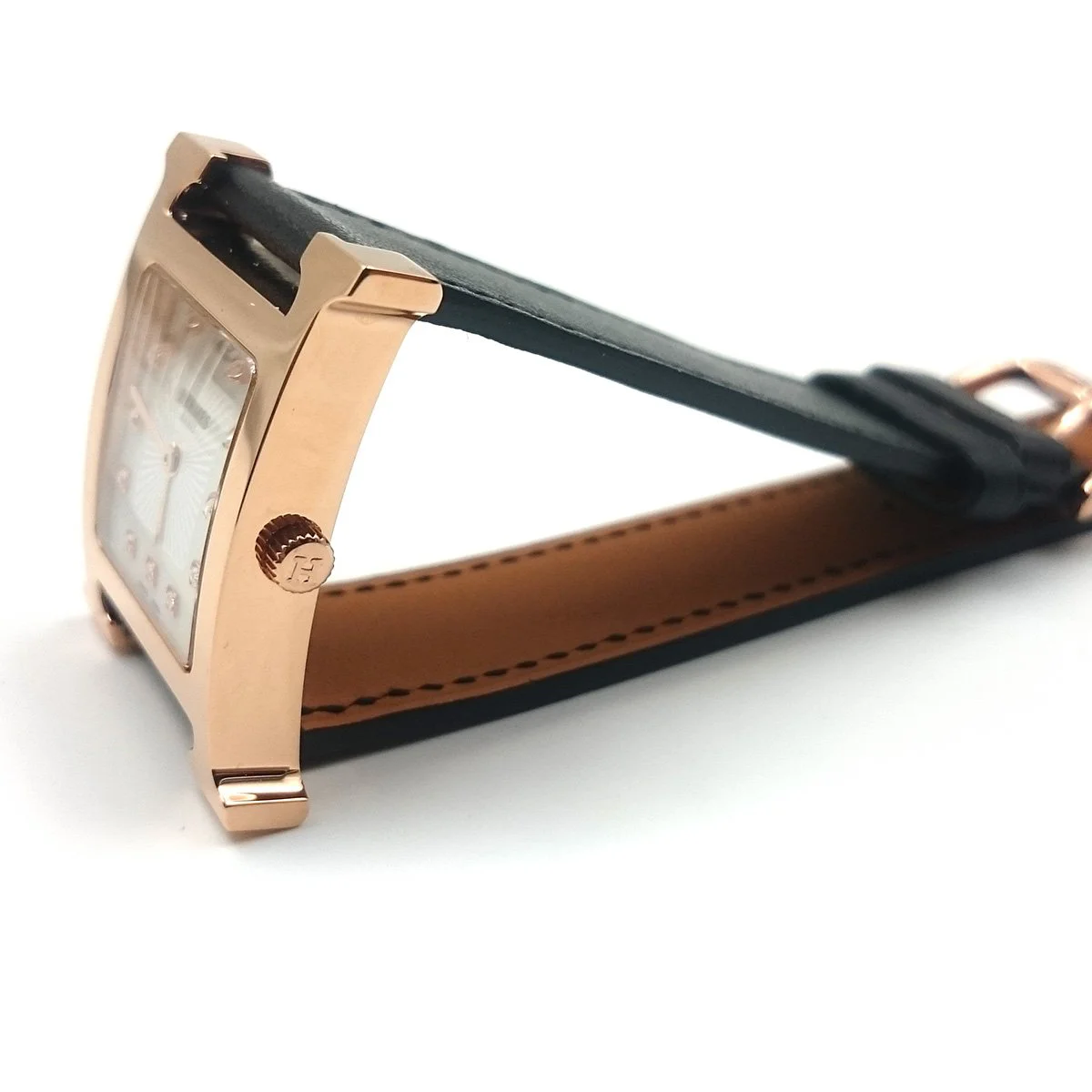Heure H Rose Gold with Diamond Markers on Black Fjord Leather Strap