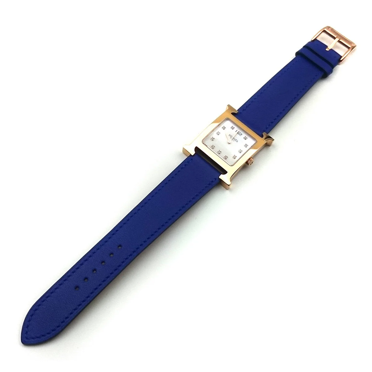Heure H Rose Gold with Diamond Markers on Blue Fjord Leather Strap