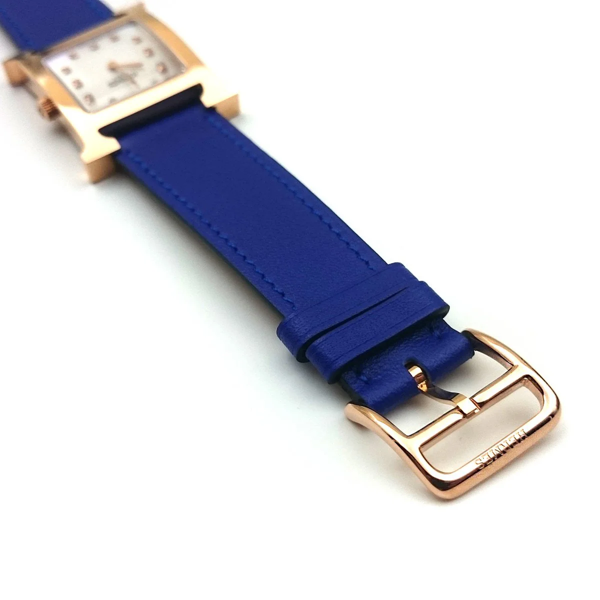 Heure H Rose Gold with Diamond Markers on Blue Fjord Leather Strap