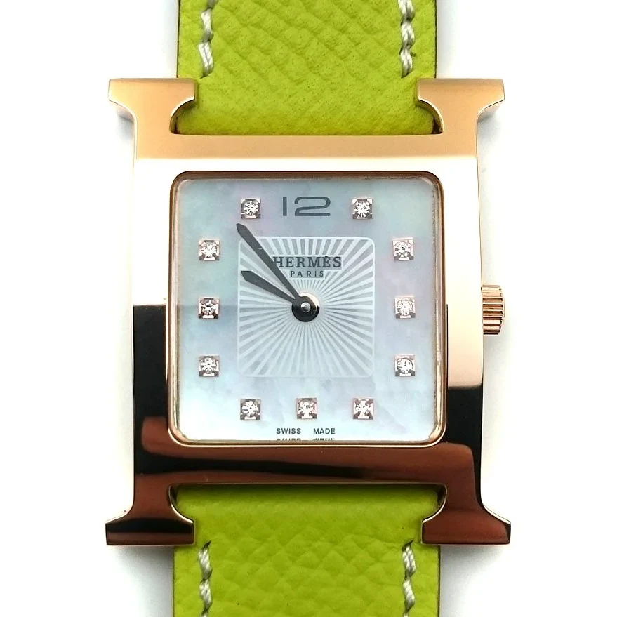 Heure H Rose Gold with Diamond Markers on Green Epsom Leather Strap