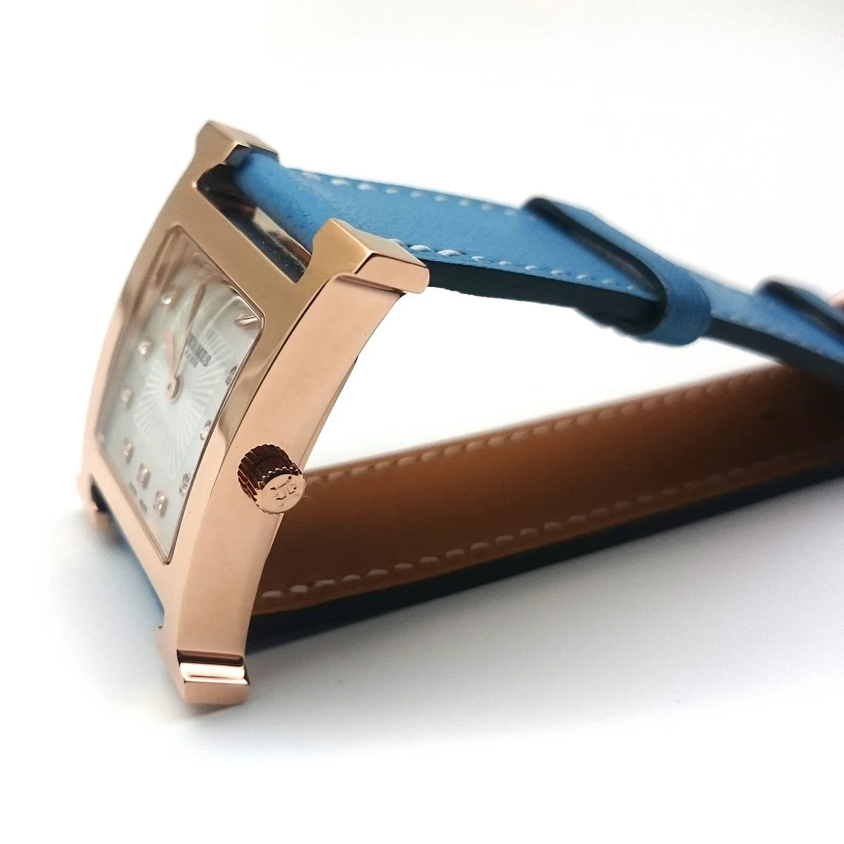 Heure H Rose Gold with Diamond Markers on Light Blue Fjord Leather Strap