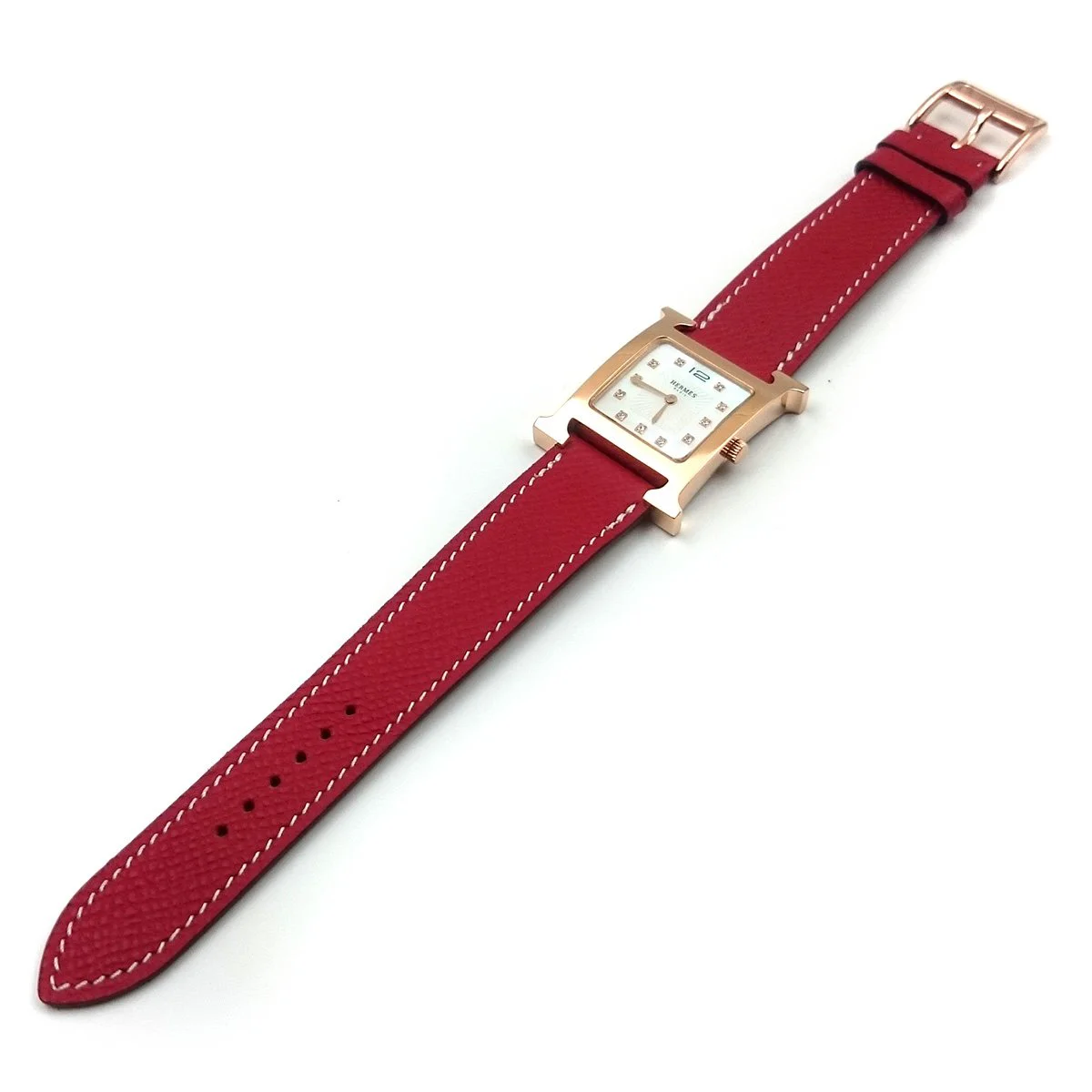 Heure H Rose Gold with Diamond Markers on Red Epsom Leather Strap