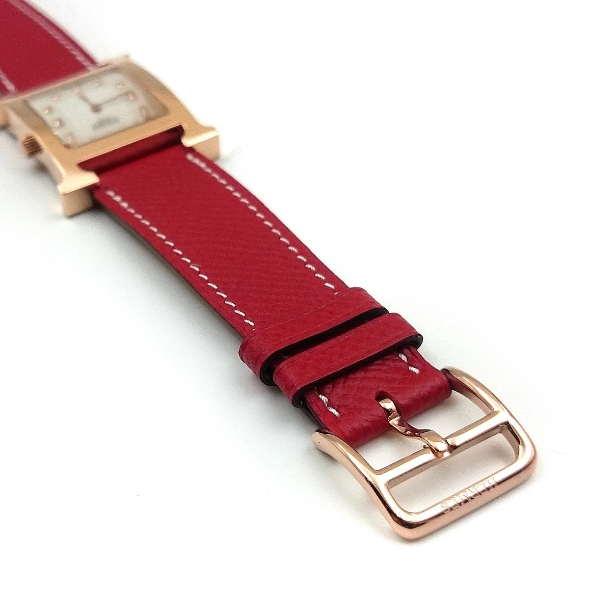 Heure H Rose Gold with Diamond Markers on Red Epsom Leather Strap