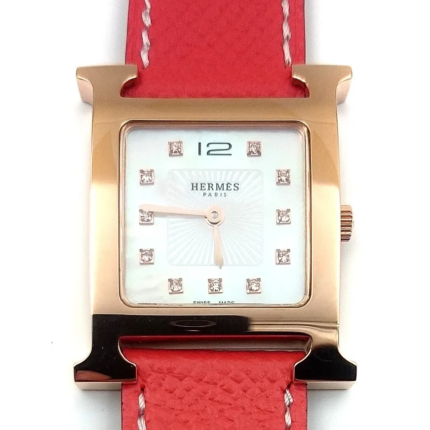 Heure H Rose Gold with Diamond Markers on Vermilion Epsom Leather Strap
