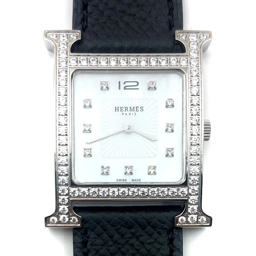 Heure H Steel with Diamond Bezel and Markers on Black Epsom Leather Strap