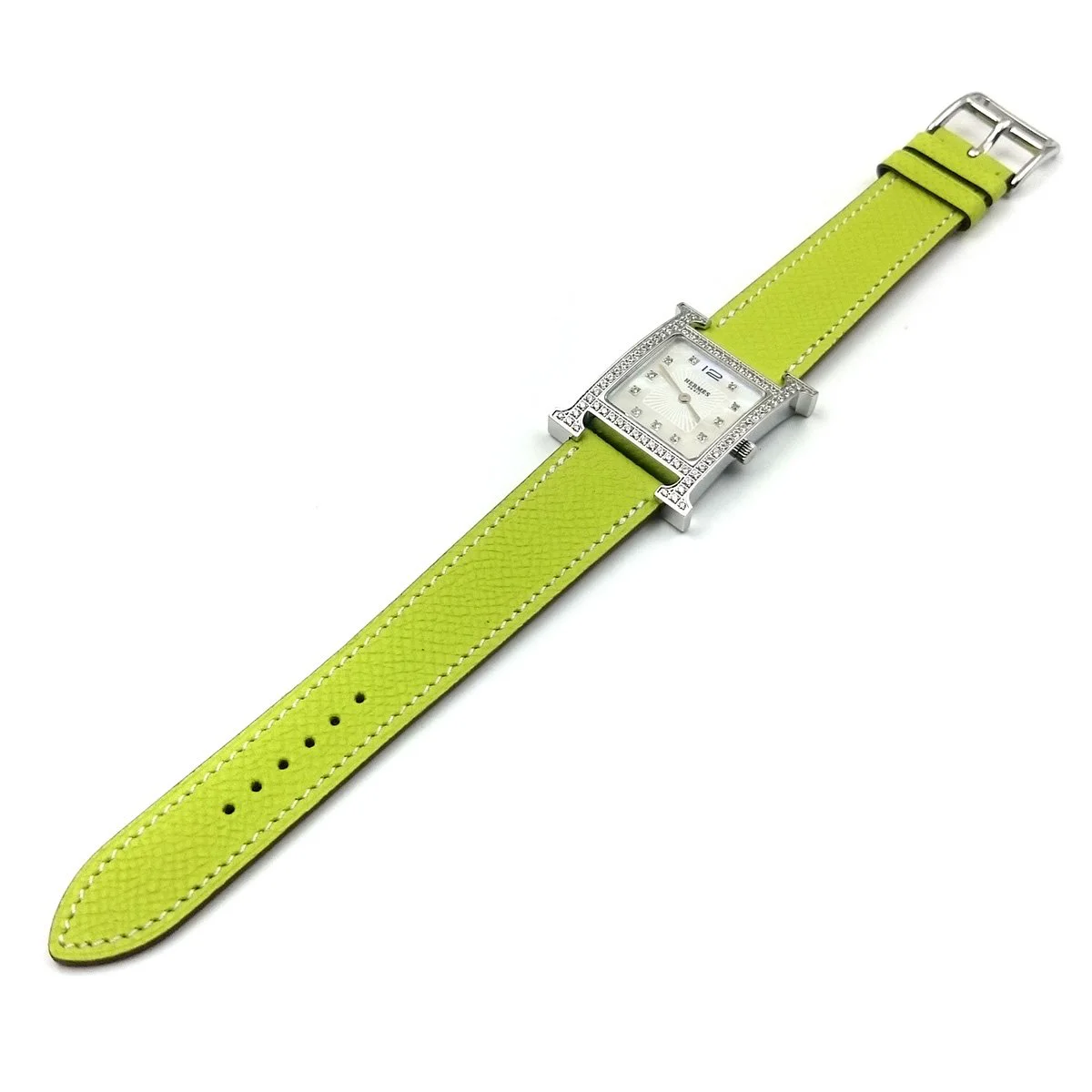 Heure H Steel with Diamond Bezel and Markers on Green Epsom Leather Strap