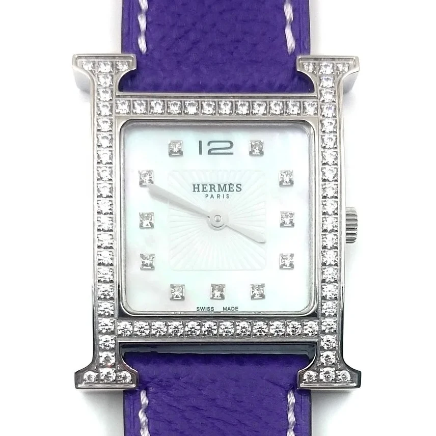 Heure H Steel with Diamond Bezel and Markers on Purple Epsom Leather Strap