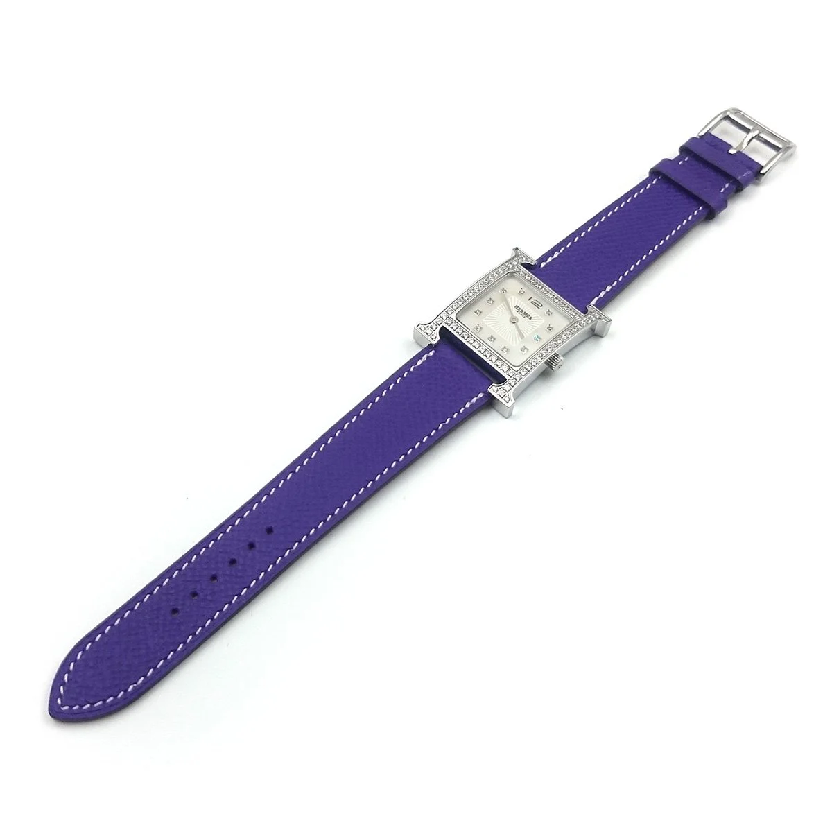Heure H Steel with Diamond Bezel and Markers on Purple Epsom Leather Strap