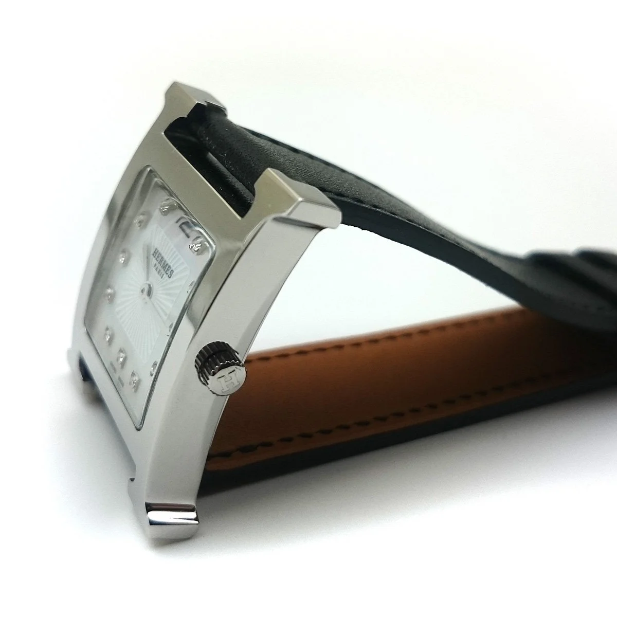 Heure H Steel with Diamond Markers on Black Fjord Leather Strap