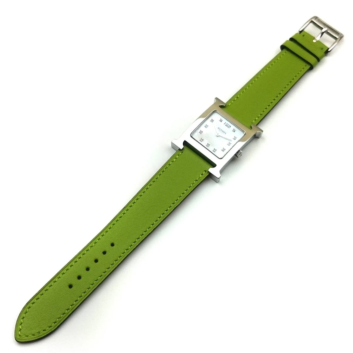 Heure H Steel with Diamond Markers on Green Fjord Leather Strap